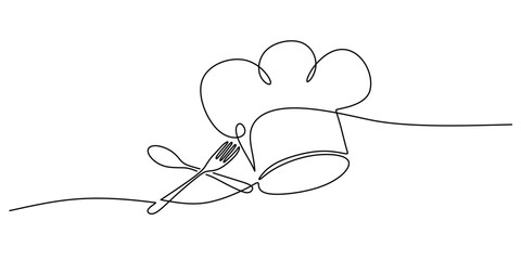 Continuous Line Drawing Chef Hat Spoon Fork Emblem. Professional Cooking Culinary Symbol Vector Art.