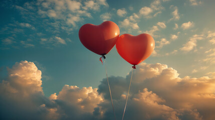 Two pink heart-shaped balloons flying in a blue sky at sunset