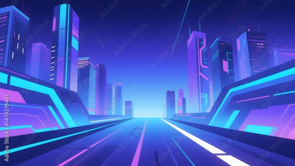 Aufkleber 未来的なネオンシティのパースペクティブ 夜の都市景観のテクノロジーと高層ビルのデザイン