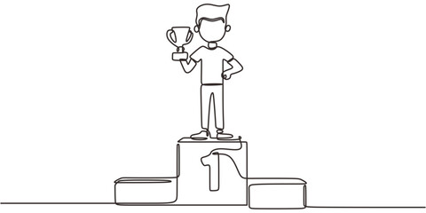Continuous One Line Drawing Person Podium First Place. Winner Champion Victory Competition Vector Art.