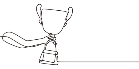 Continuous One Line Drawing Hand Raising Trophy Cup. Success Winner Award Victory Minimalist Vector Art.
