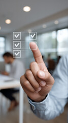 
Businessman's hand interacting with holographic compliance checklist interface, clean bright office environment, contemporary minimalistic style.
