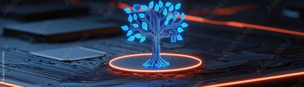 Poster A glowing digital circuit tree grows on a dark computer board