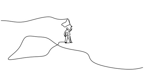 Continuous One Line Drawing Hand Flag Mountain Summit. Achievement Success Goal Victory Vector Art.