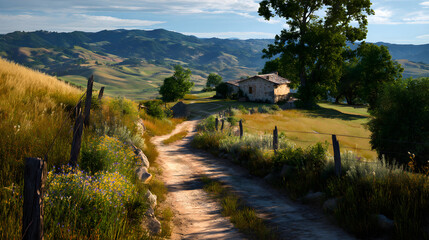 Sunlit path with rustic farmhouse and rolling hills in the distance