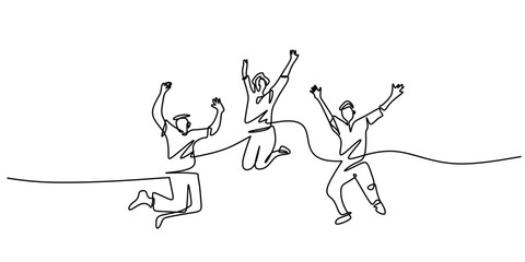 Continuous One Line Drawing Person Jumping Celebration Joy. Victory Success Happy Winner Achievement Vector.