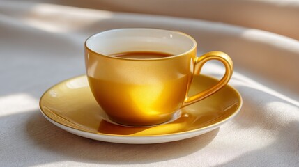 Fototapeta premium Elegant Golden Coffee Cup and Saucer Set Casting Warm Light on Soft Textured Surface