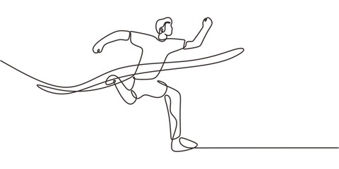 Fototapeta premium Continuous One Line Drawing Person Finish Line Ribbon. Winner Race Competition Victory Success Vector.
