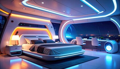 Obraz premium Futuristic bedroom design with city night view large windows and LED lighting Modern minimalist bedroom interior