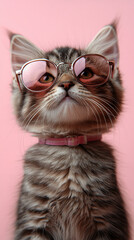 Portrait of a cat with sunglasses with smoke effect and pinkish tone background