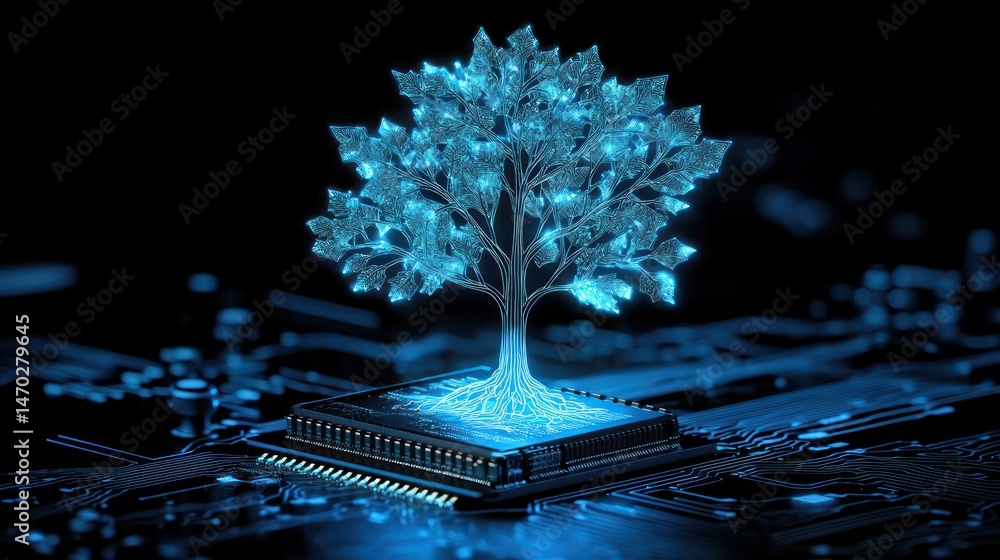 Aufkleber A futuristic representation of a digital tree on a computer chip