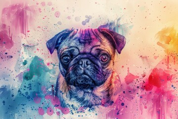 Colorful pug portrait with splashes