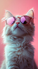 Portrait of a cat with sunglasses with smoke effect and pinkish tone background