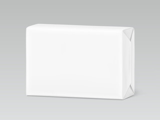 Fototapeta premium Realistic wrap packaging for bar soap mockup. Vector illustration isolated on grey background. Easy to use for presentation your product, idea, design. EPS10.