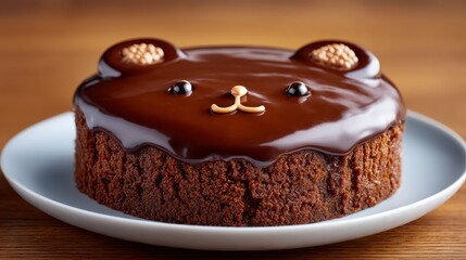 Whimsical Chocolate Cake Shaped Like a Bear with Glossy Frosting on a Simple Plate