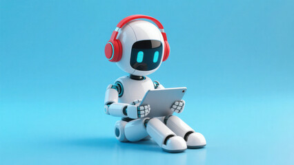 Digital Serenity: A modern, sleek robot is immersed in a cyber world, absorbing digital information and reflecting on a futuristic and technologically advanced world.