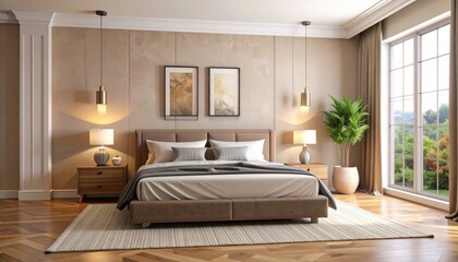 Modern Beige Bedroom Interior Design with King Size Bed Wooden Floor Large Window Natural Light