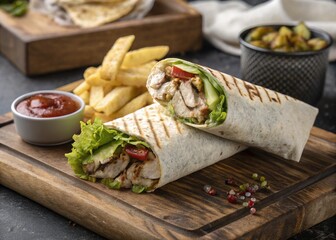 Grilled Chicken Shawarma Wrap with Fries and Ketchup
