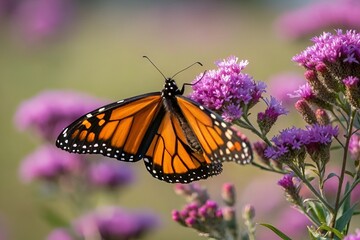 Fototapeta premium Monarch Butterfly on Purple Flowers in Sunlit Garden Close-Up
