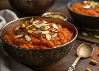 Traditional Gajar ka Halwa Topped with Nuts and Silver Leaf