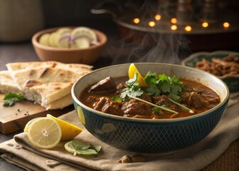 Authentic Beef Nihari Served with Naan and Garnishing