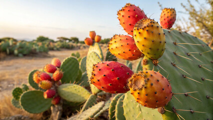 Ripe Prickly Pear Cactus Fruits in Desert Sunlight