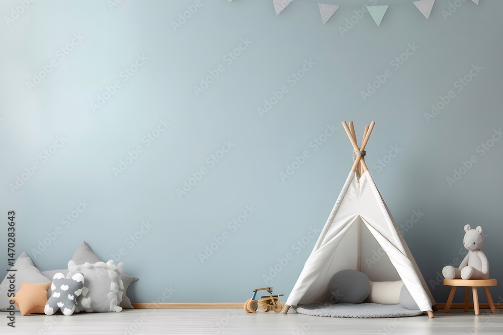 Poster 淡い青色の壁と白いティピーの子供部屋のインテリア パステルカラーのクッションと木製のおもちゃが特徴のミニマリストデザイン