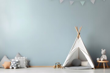 淡い青色の壁と白いティピーの子供部屋のインテリア パステルカラーのクッションと木製のおもちゃが特徴のミニマリストデザイン