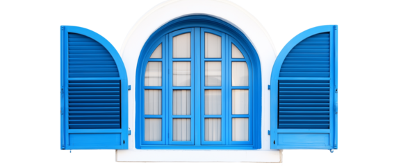 Blue window with arched shutters isolated on a transparent background