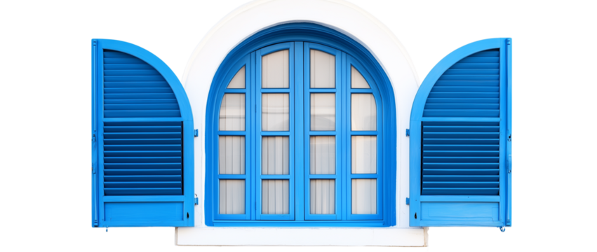 Blue window with arched shutters isolated on a transparent background