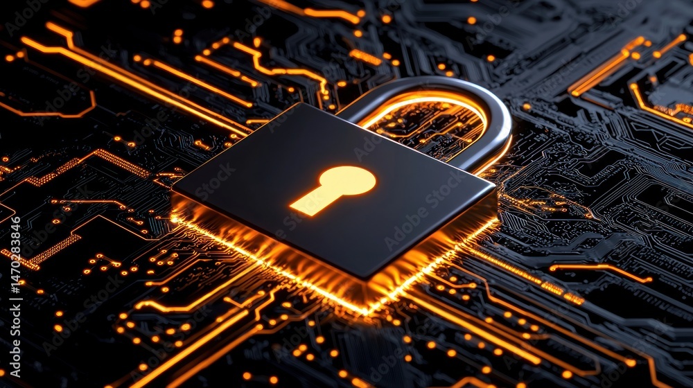 Poster a glowing digital padlock resting on a circuit board