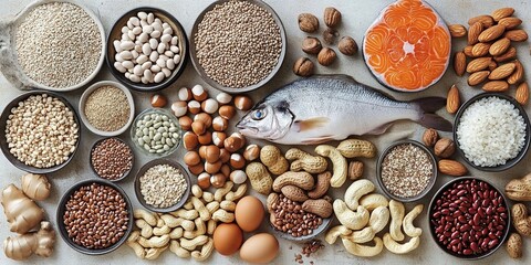 Fototapeta premium Fresh fish surrounded by beans, grains, nuts, eggs, and meats as protein sources.