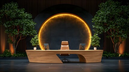 Modern Minimalist Office Interior Design with Wooden Desk and Ambient Lighting