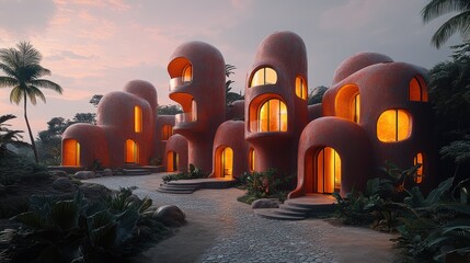 Tropical architectural complex at dusk