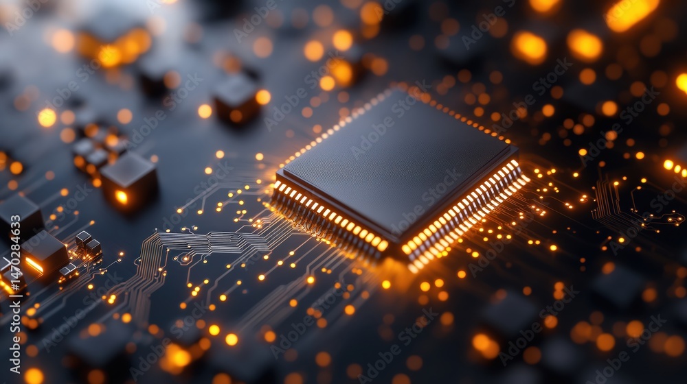 Poster hyper-realistic close-up of a microchip with intricate glowing connections on a futuristic circuit b