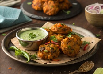 Traditional Mixed Pakora Platter with Mint Chutney