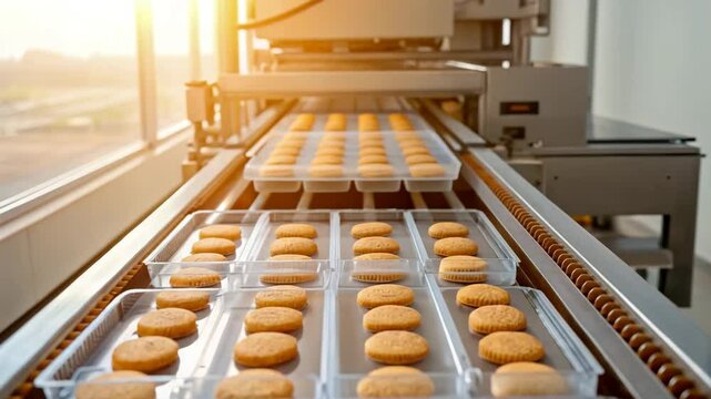 Automated Biscuit Production Line showcasing freshly baked cookies moving along a conveyor belt in a modern food manufacturing facility.  Observe the efficient packaging process and high-quality produ