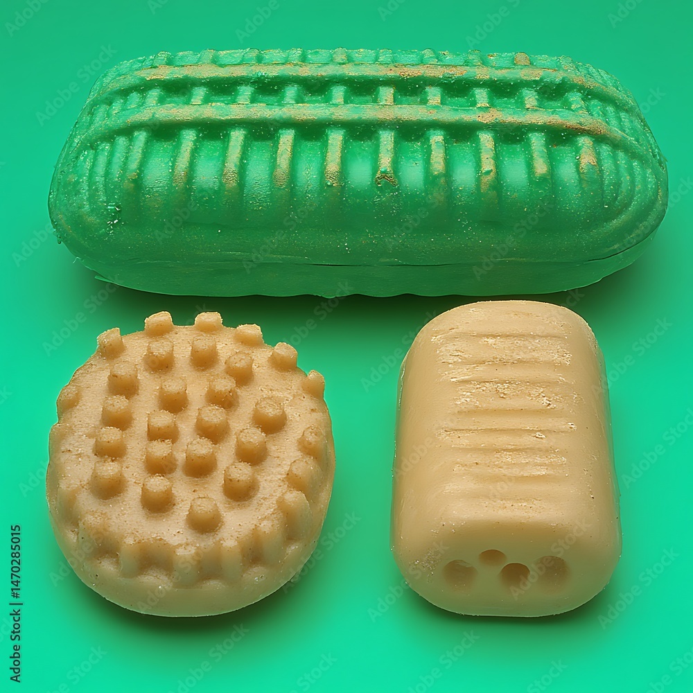 Poster various textured objects displayed against a uniform background highlighting surface details