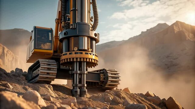 Powerful drilling machine operating in a rugged mountainous terrain during a sunny day showcasing heavy industry equipment at work excavation mining construction rock quarry