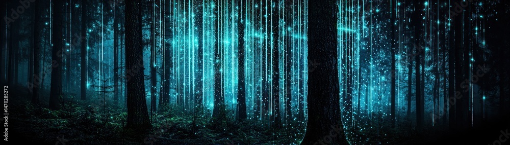 Poster a mysterious forest scene with glowing vertical light strands