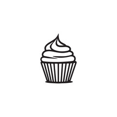 Cupcake with top cream frosting and wrapper, Minimal line art black and white icons vector art illustration.