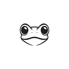 Cute frog face with rounded eyes and a clean, modern design, Minimal line art black and white icons vector art illustration.