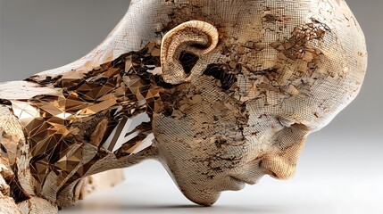 An image of a head sculpture made of a grid like pattern. Triangular parts appear to be falling out.