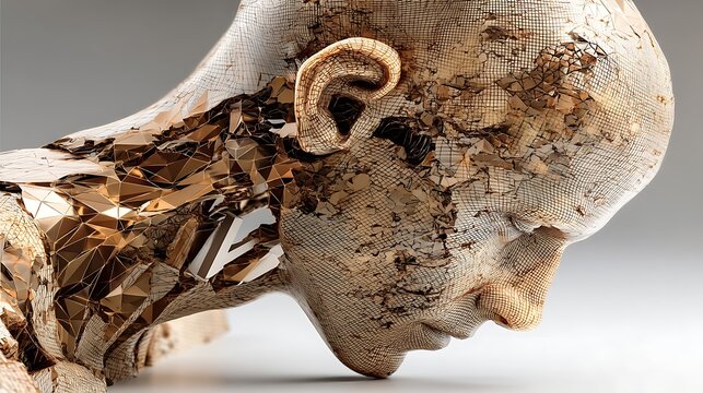An image of a head sculpture made of a grid like pattern. Triangular parts appear to be falling out.