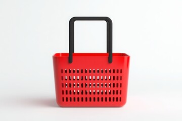 Fototapeta premium A bright red shopping basket with a grid pattern and black handle for themes of shopping and retail on a clean white background