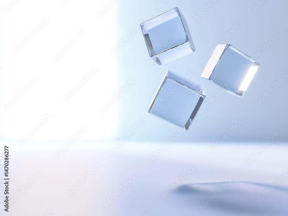 Poster three translucent cubes levitating in a soft-lit, pale blue environment with subtle reflections and 