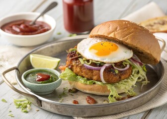 Desi Bun Kabab with spicy shami patty, fried egg, onions, lettuce, and chutney...