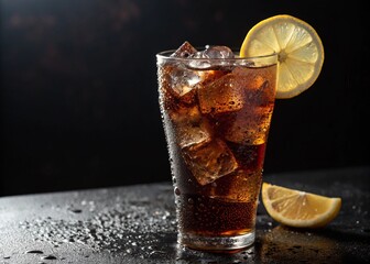 Chilled Cola Drink with Ice Cubes and Lemon Slice