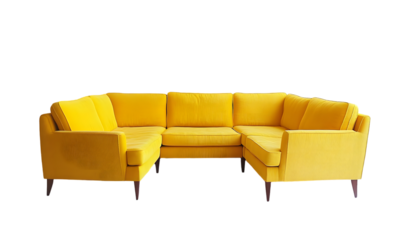 A vibrant yellow sectional sofa, upholstered in plush fabric, sits on dark wooden legs.  It features a curved design and multiple seating areas