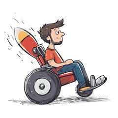 Cartoon Man Riding Rocket Powered Wheelchair In Sketchy Style Illustration